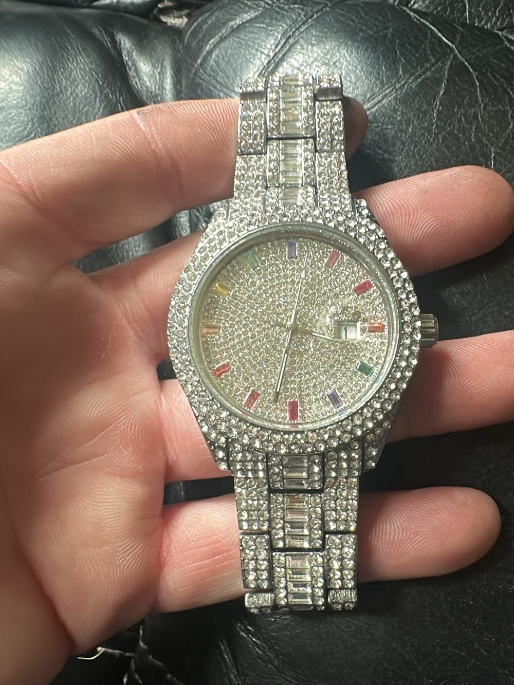 Silver Crystal Pave Women's Watch with Multicolor Markers